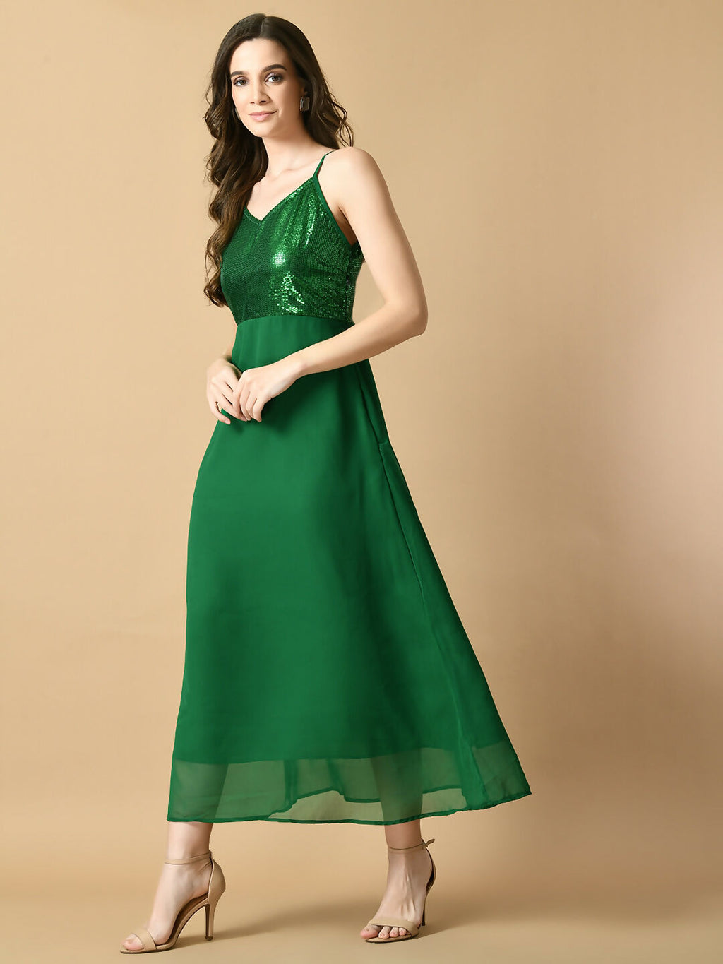 Myshka Women's Green Solid Georgette Party Dress