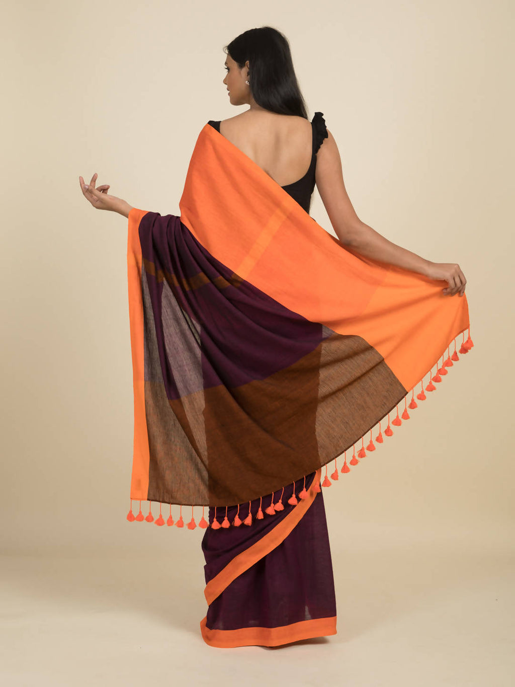 Suta Purple Orange Colourblocked Pure Cotton Saree