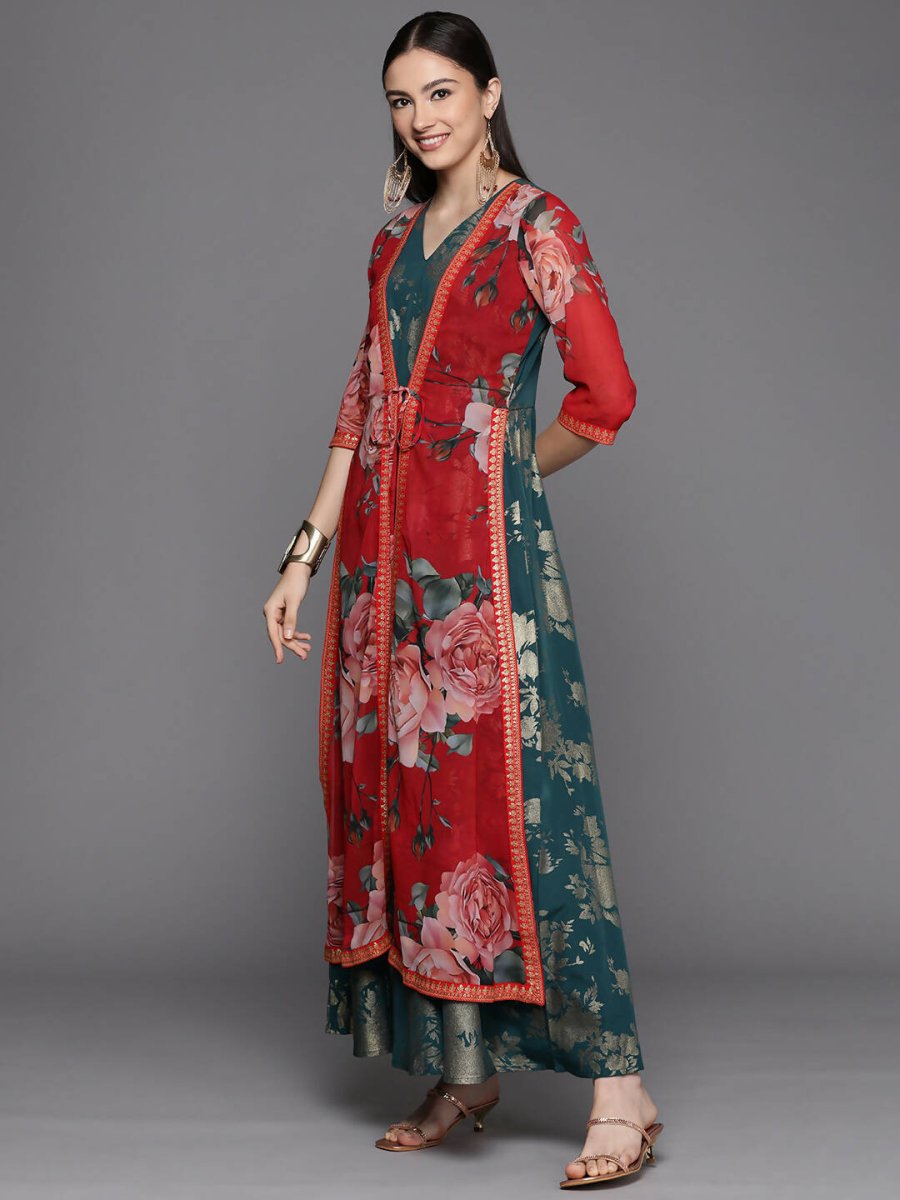 Ahalyaa Women's Green Crepe Gold Smoke Printed Dress
