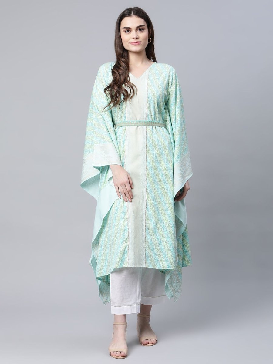 Ahalyaa Women Sea Green Crepe Printed Kaftan Kurta