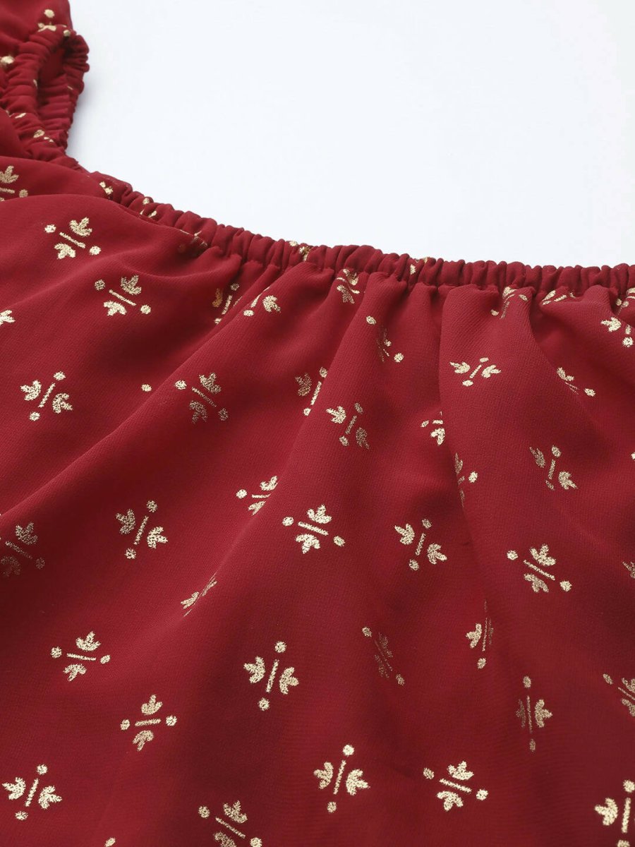 Ahalyaa Womens Maroon Cotton Blend Gold Printed Dress