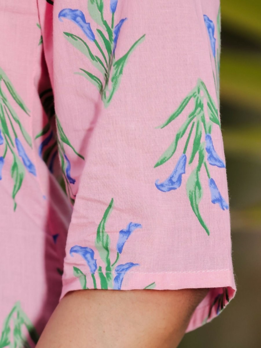 Aramya Straight Soft Cotton Floral Print Women's Kurta Set - Pink
