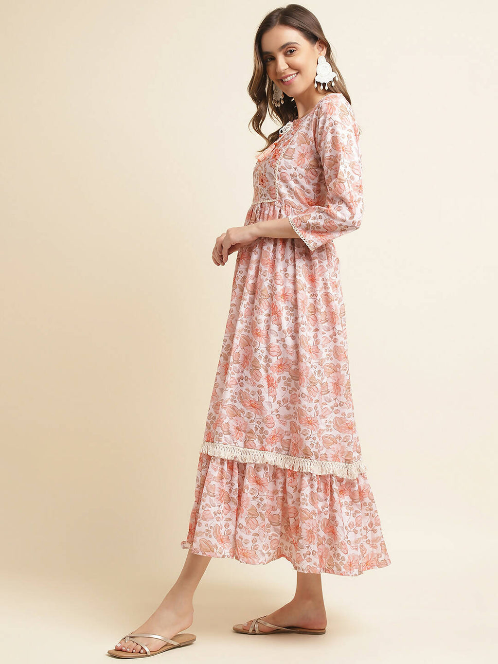 Orange Linen Floral Printed Fit & Flare Dress - Yukti