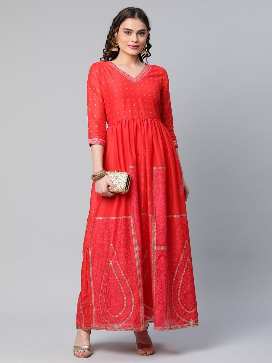 Ahalyaa Women Red Chanderi Khari Printed Dress