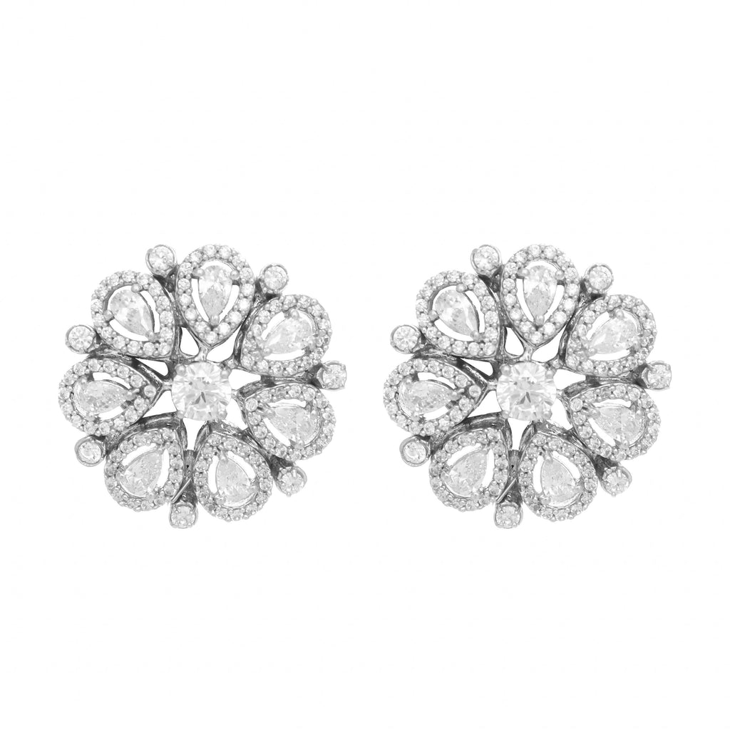 Nuyug Rhodium-Plated Zircon Studded Floral Statement Stud Earrings