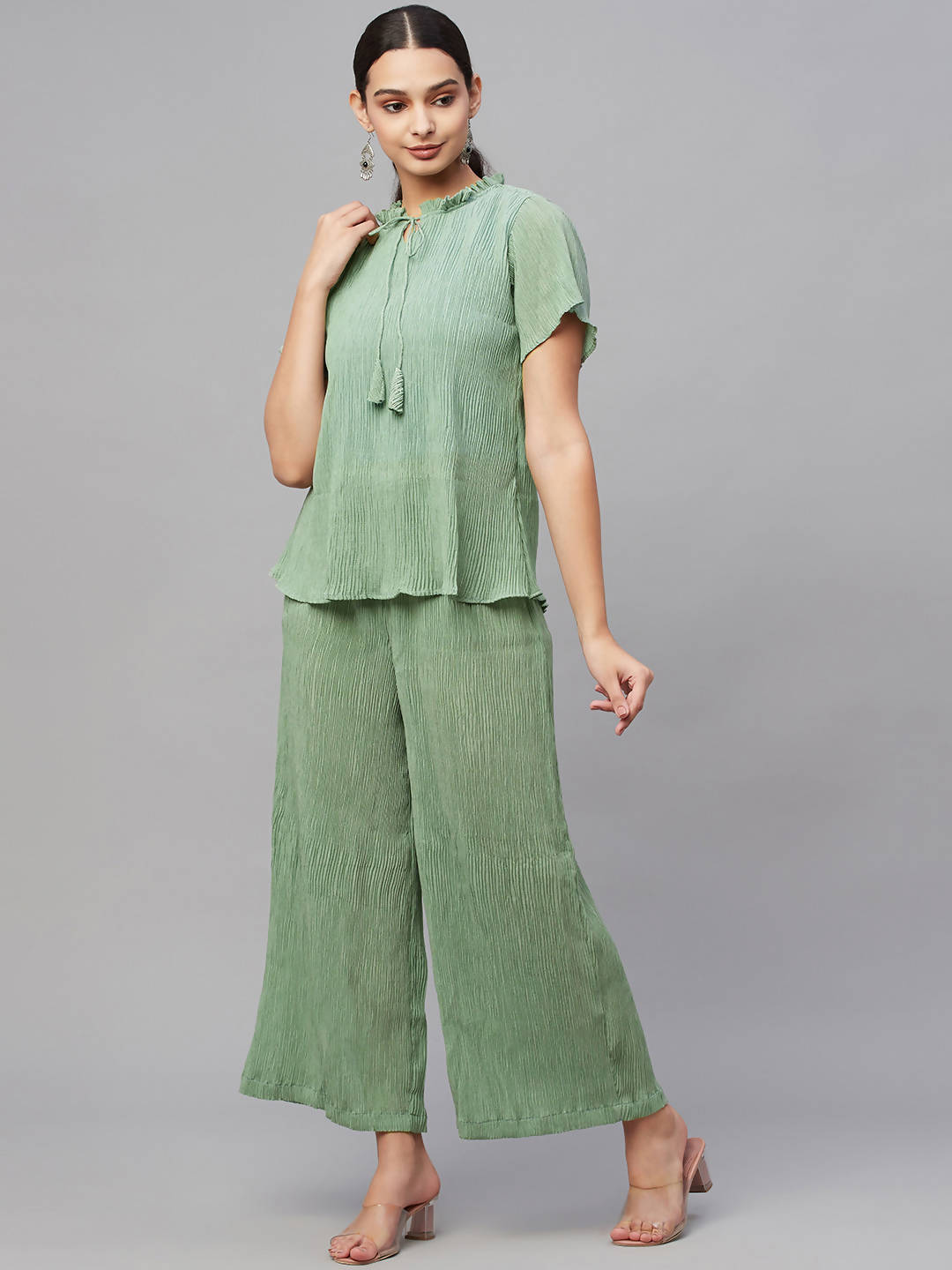Myshka Women Green Chiffon Round Neck Top Palazzo Set