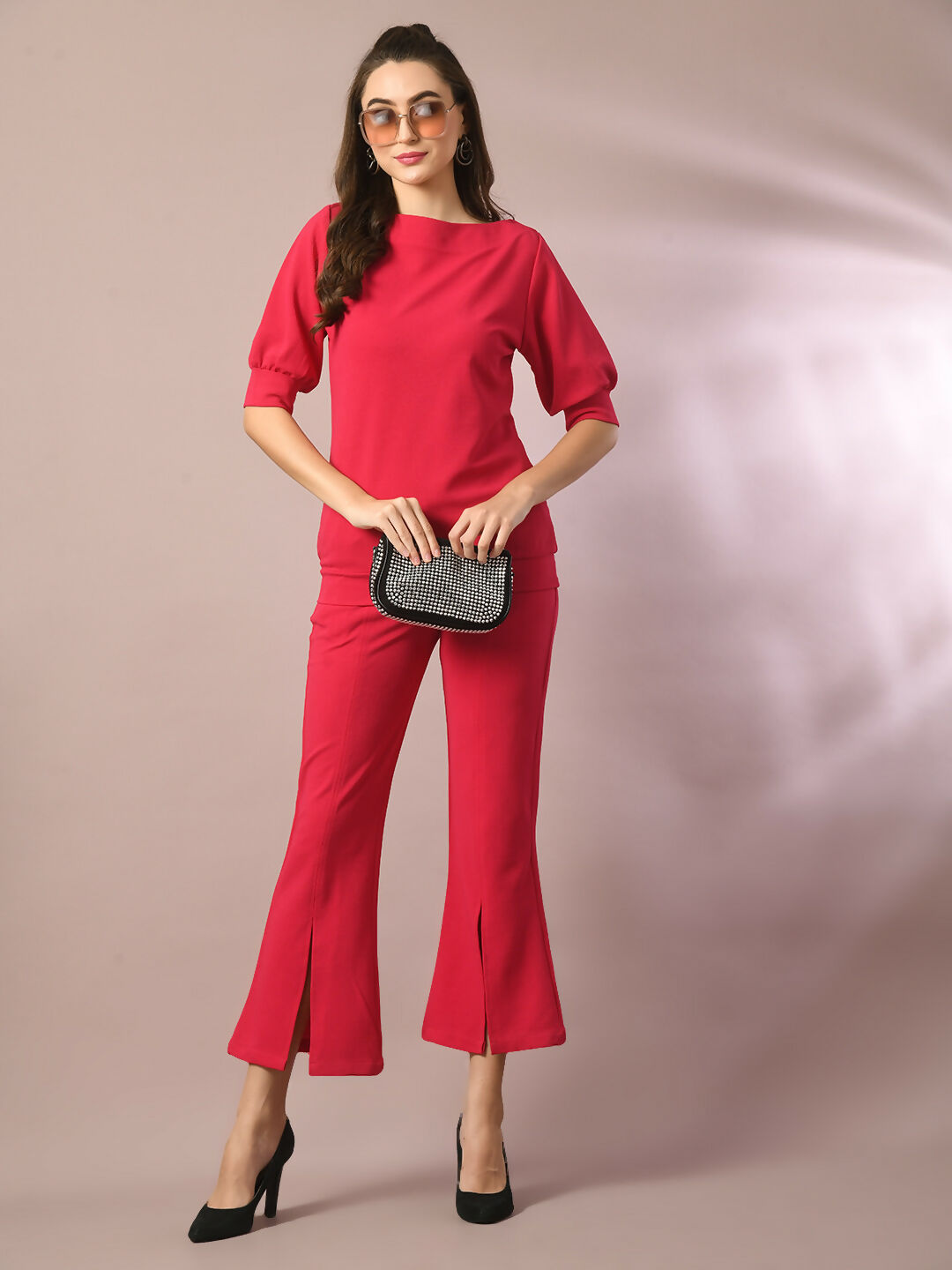 Myshka Women's Pink Solid Boat Neck Party Top With Trousers Co-ord set