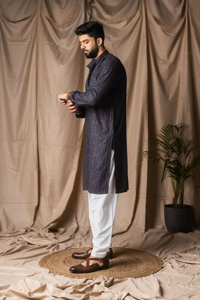 Dark Grey Rayon Thread Embroidery Work Kurta Set - Mahotsav