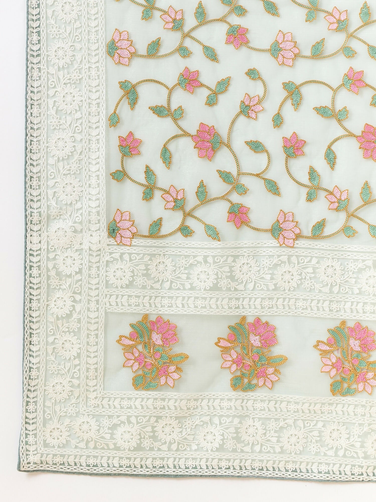 Green Organza Floral Embroidered Saree with Unstitched Blouse Piece - Roozal