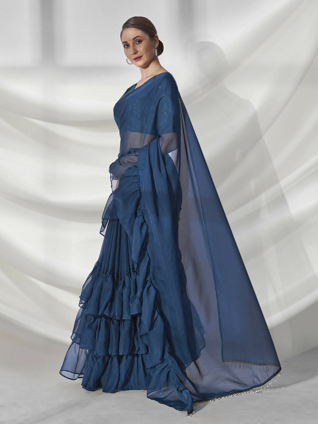 Teal Organza Solid Saree With Unstitched Blouse Piece - Shanaya