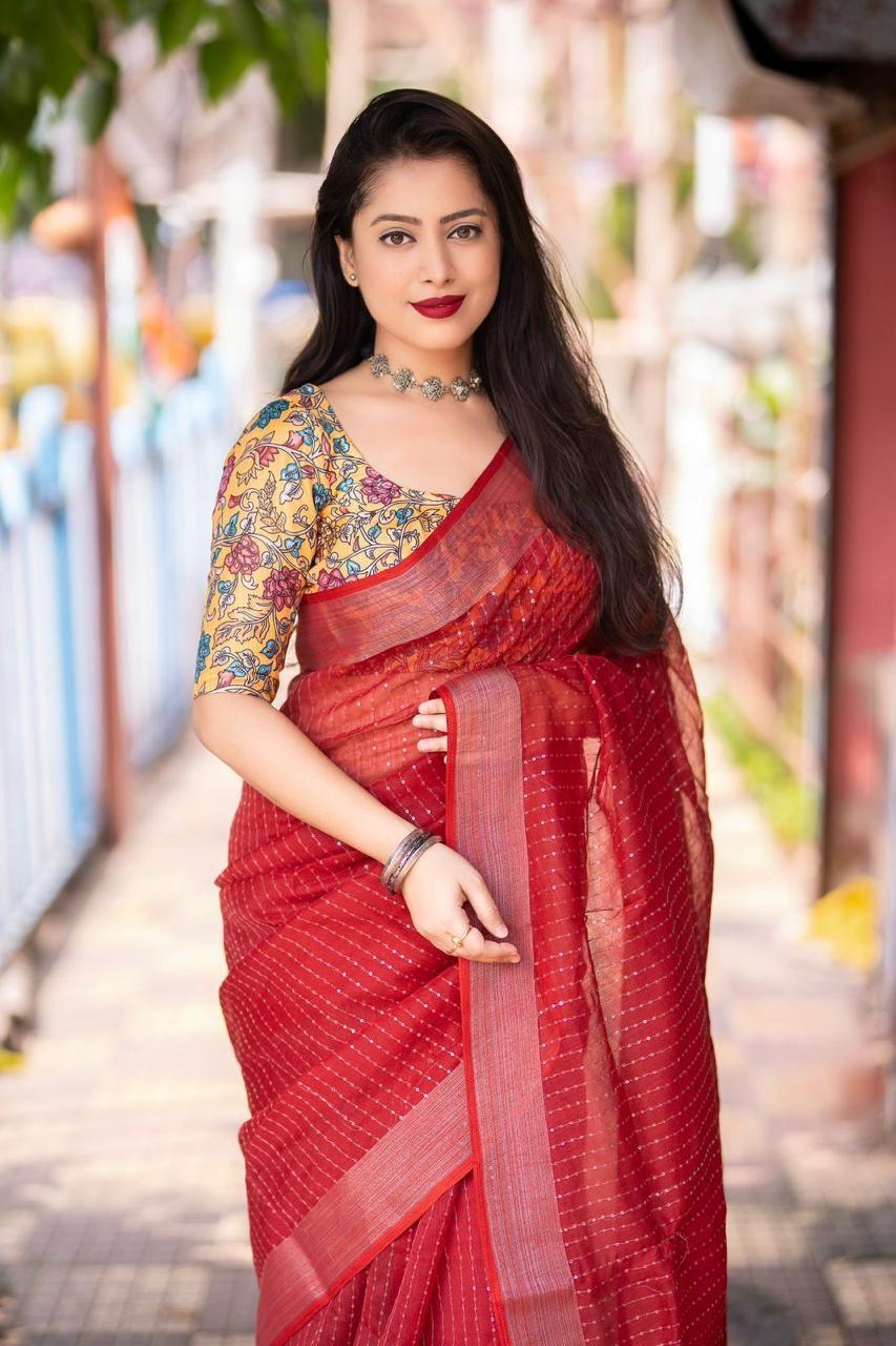 Red Linen Sequence Saree with Unstitched Blouse - Hiral Fashion