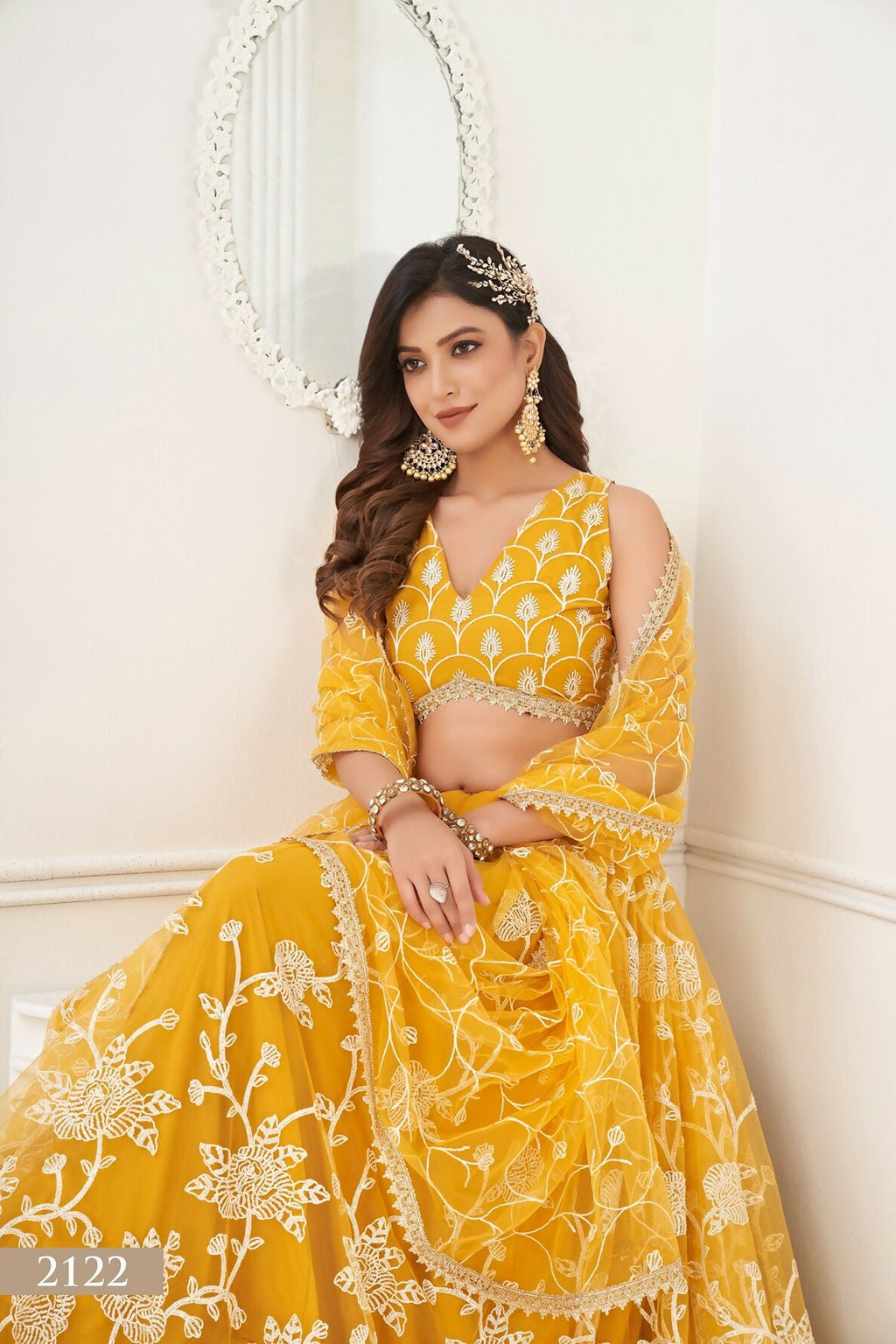 Eilara Women'S Mustard Butterfly Net With Sequins And Embroidery Work Lehenga Choli For Wedding