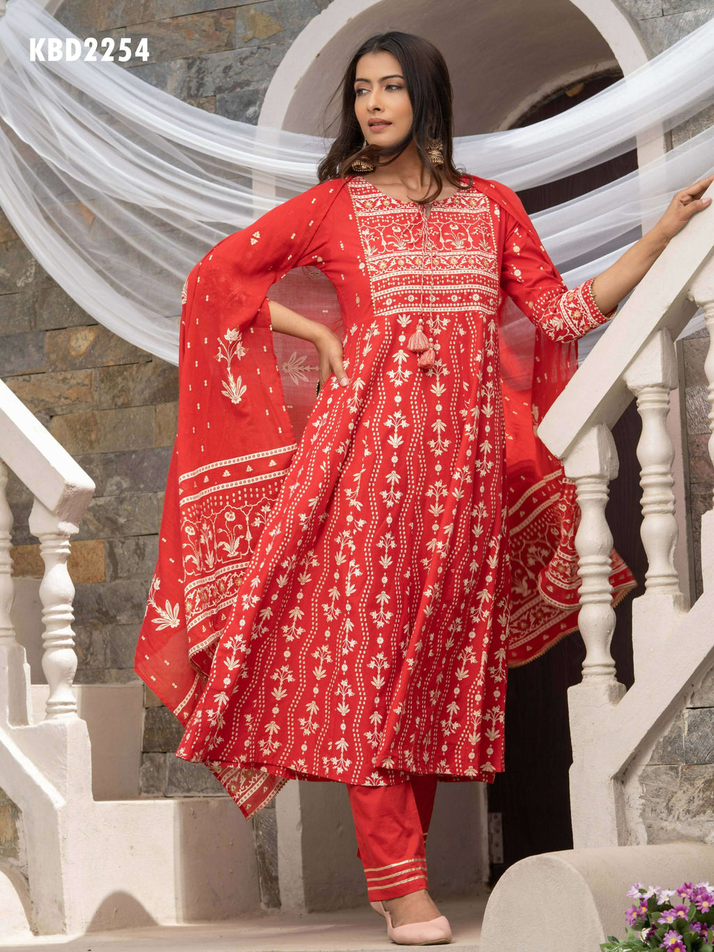 Red Cotton Cambric Printed with Sequins work Anarkali Kurta with Pant & Dupatta - Akashara
