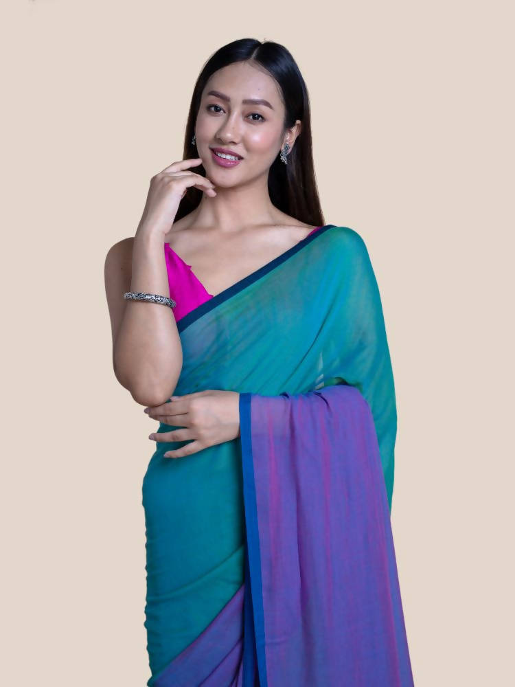 Suta Purple Green Colourblocked Mul Saree