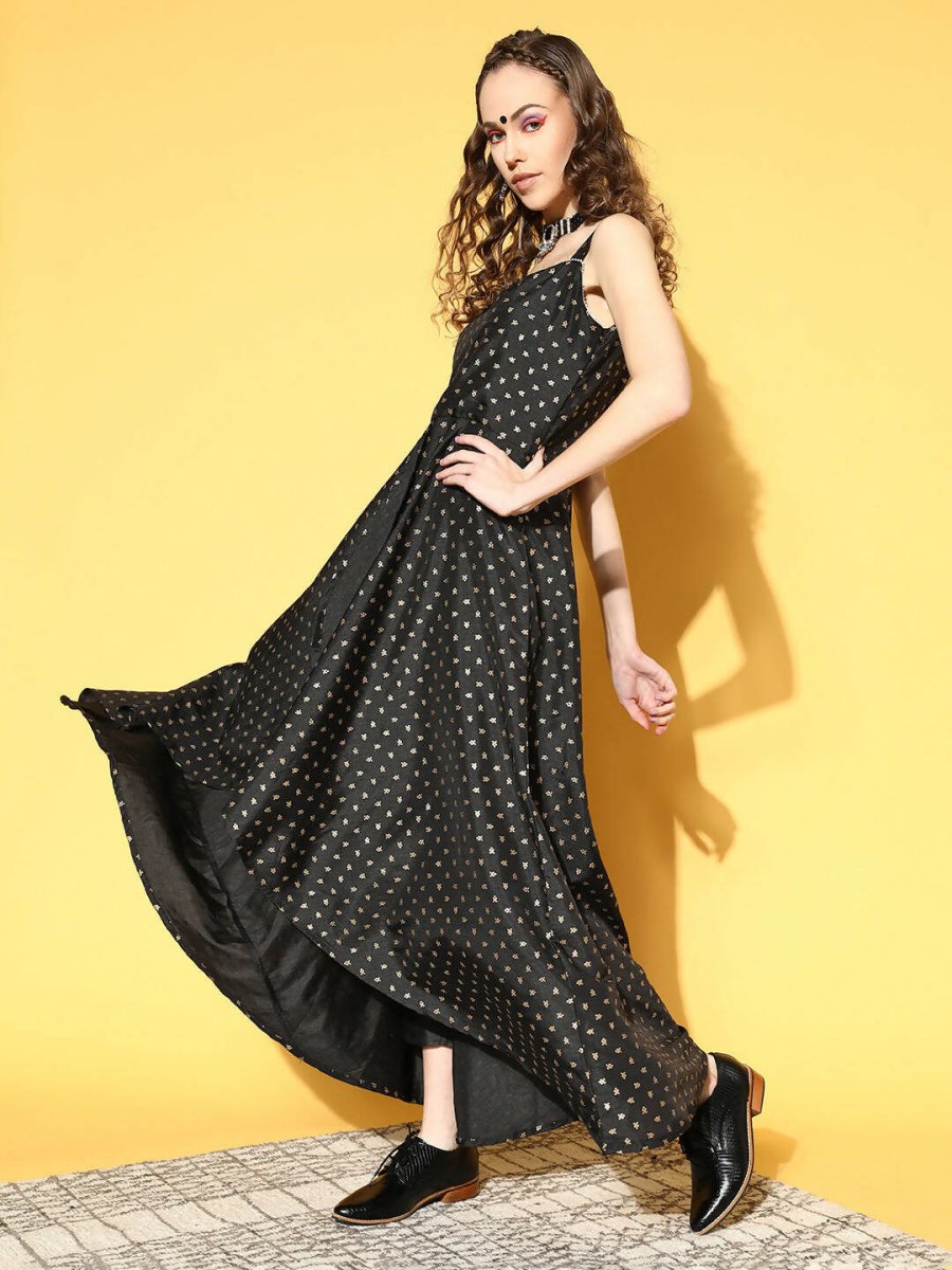 Ahalyaa Women Black Colour Poly Silk Gold Printed Kurta Pant Set