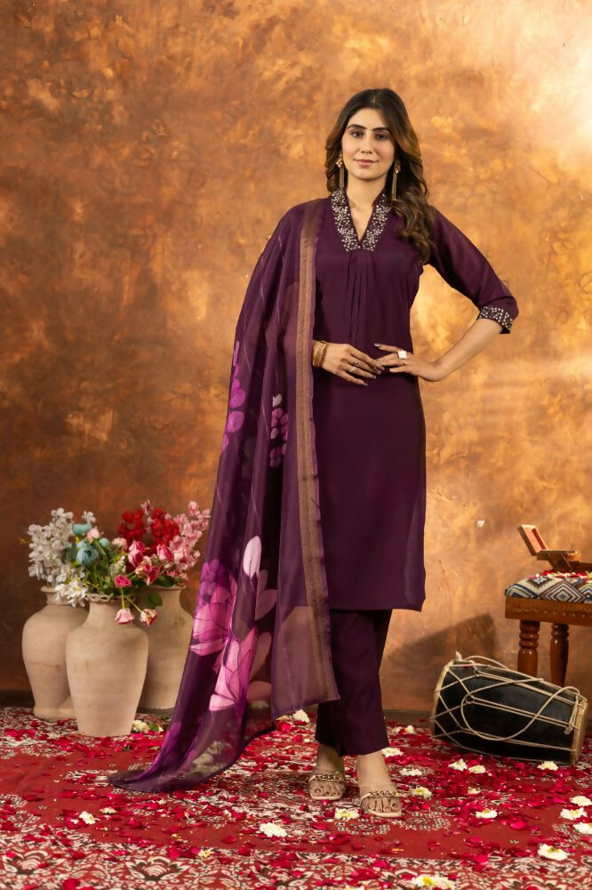 Wine Color V Neck Party Wear Pakistani Salwar Kameez by Infinity Export
