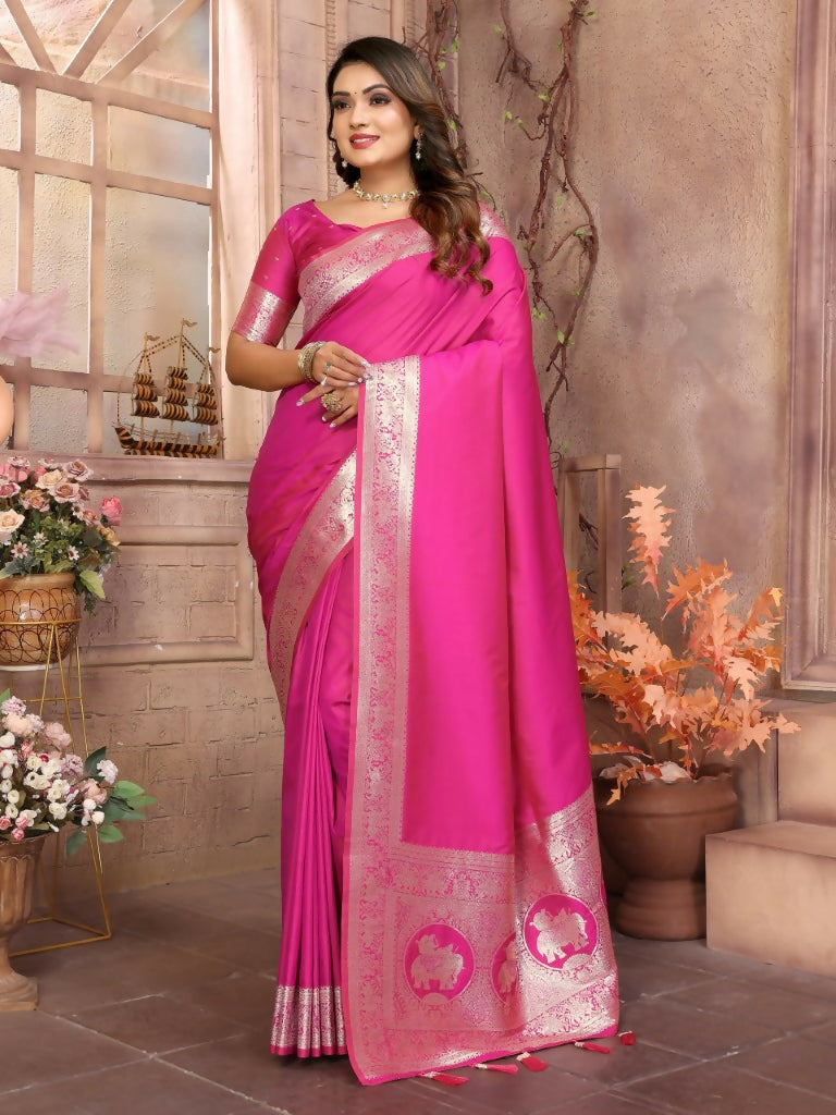 Anaita Dark Pink Banarasi Silk With Beautiful Gala Weaving Saree With Blouse