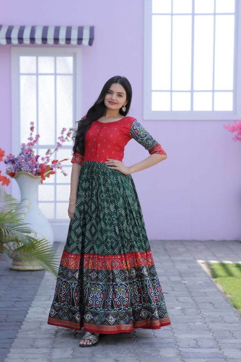 Jyoti Fashion Women's Bottle Green Patola with Foil Print Dola Silk Anarkali Dress