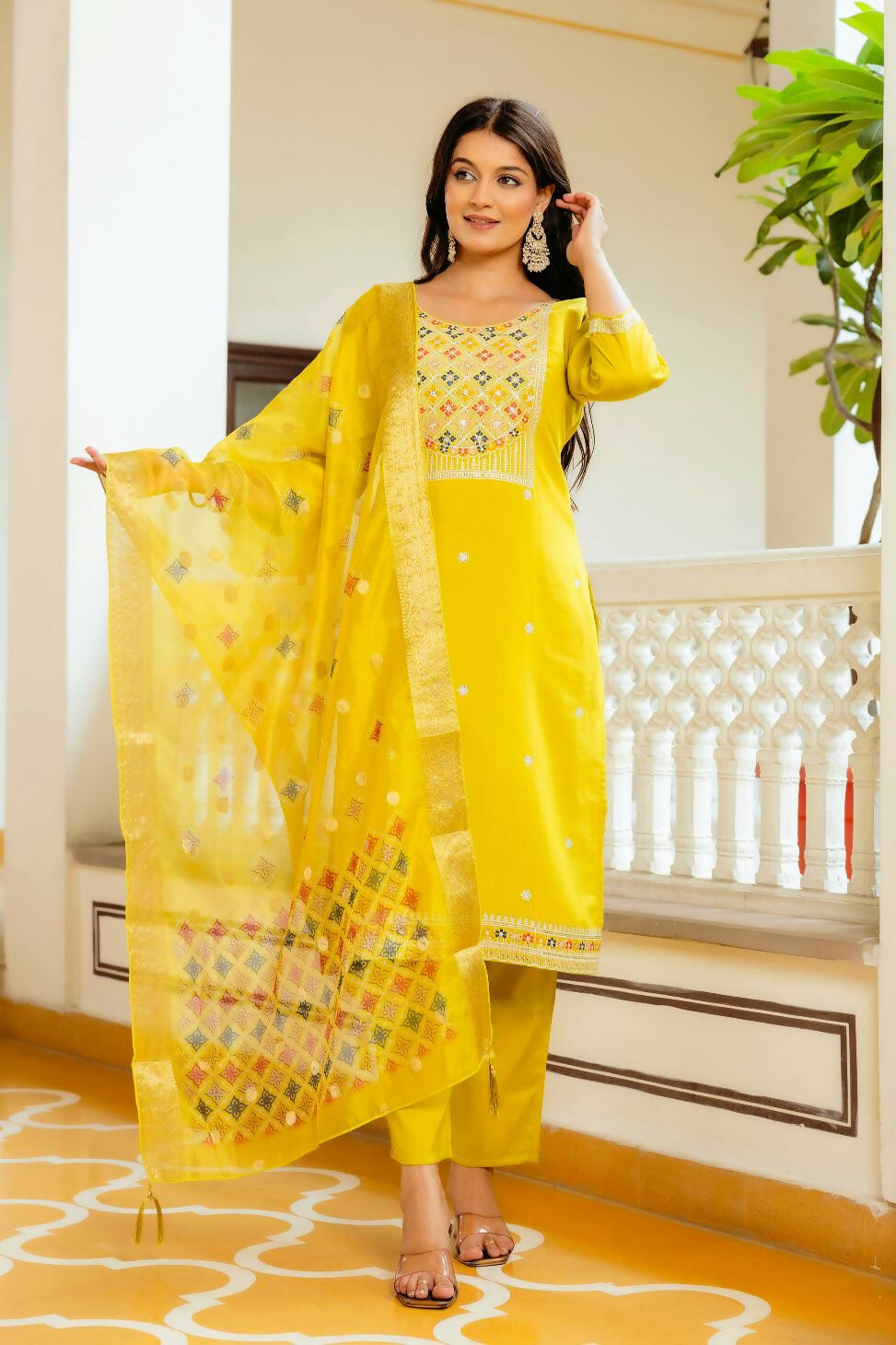 The52 Yellow Women's Beautiful Embroidered Viscose Shimmer Fabric with Straight Kurta, Pant and Dupatta Set