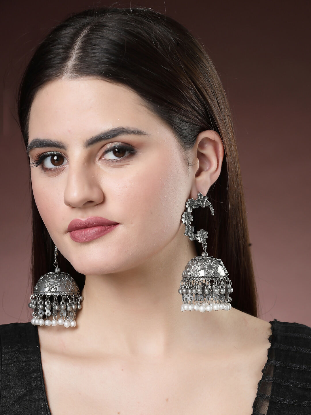 NVR Women's Silver Plated Pearl Beaded Oxidised Contemporary Jhumka Earrings