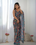 Nevy Blue Chinon Designer Digital Printed & Mirror Cut Work Saree - Kriti