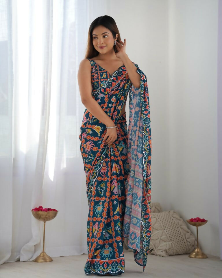 Nevy Blue Chinon Designer Digital Printed & Mirror Cut Work Saree - Kriti