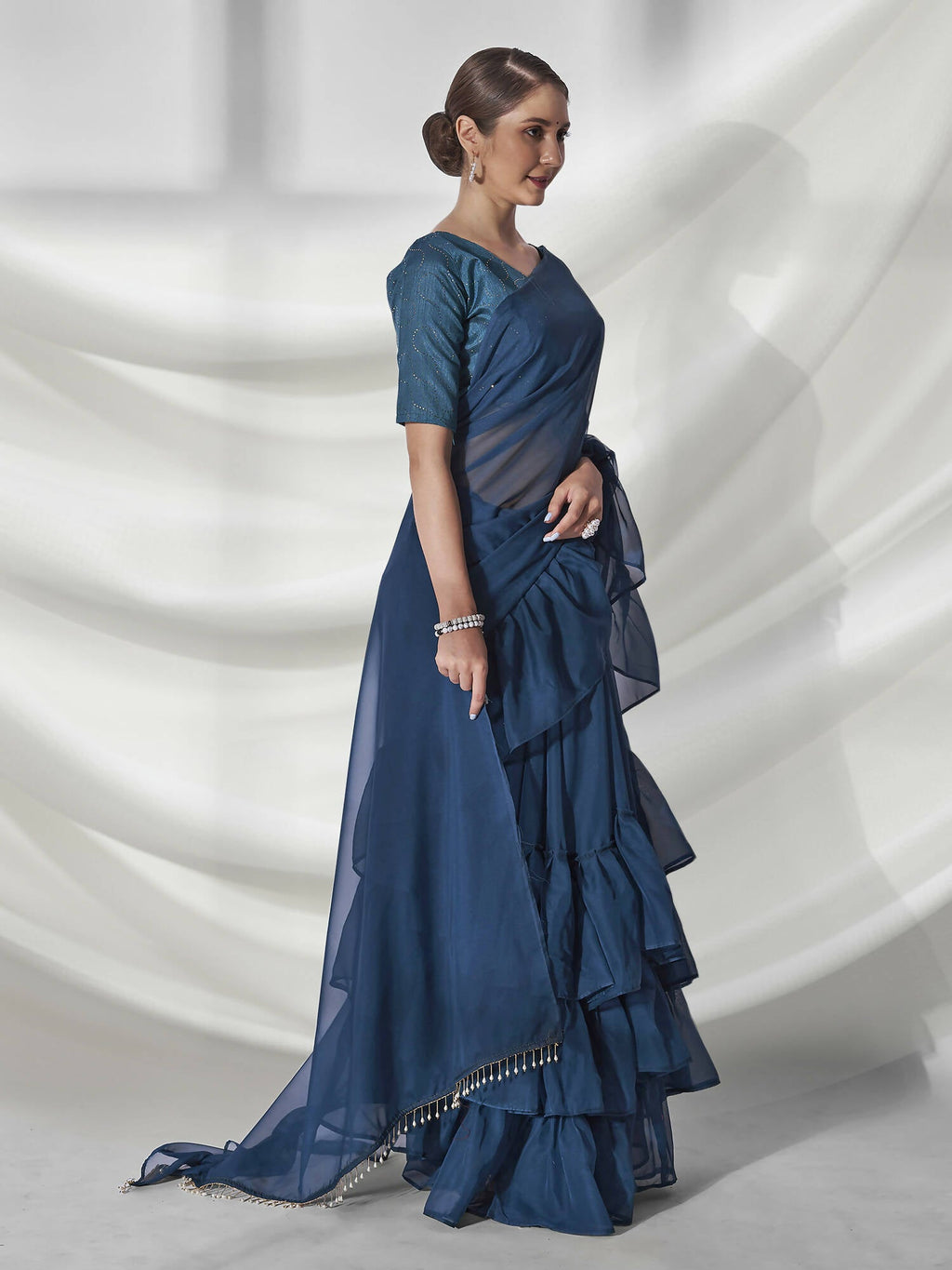 Teal Organza Solid Saree With Unstitched Blouse Piece - Shanaya