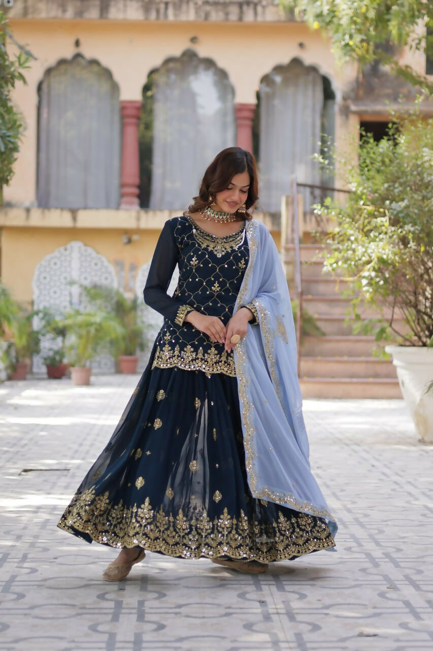 Vastranavya Faux Blooming with Sequins Embroidered Kurti, Palazzo & Dupatta - Teal