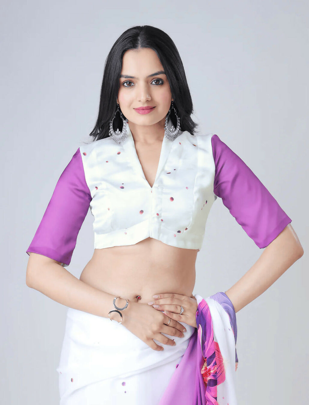 Vastranavya Purple & White Ready to Wear Floral Print Free Hand Saree