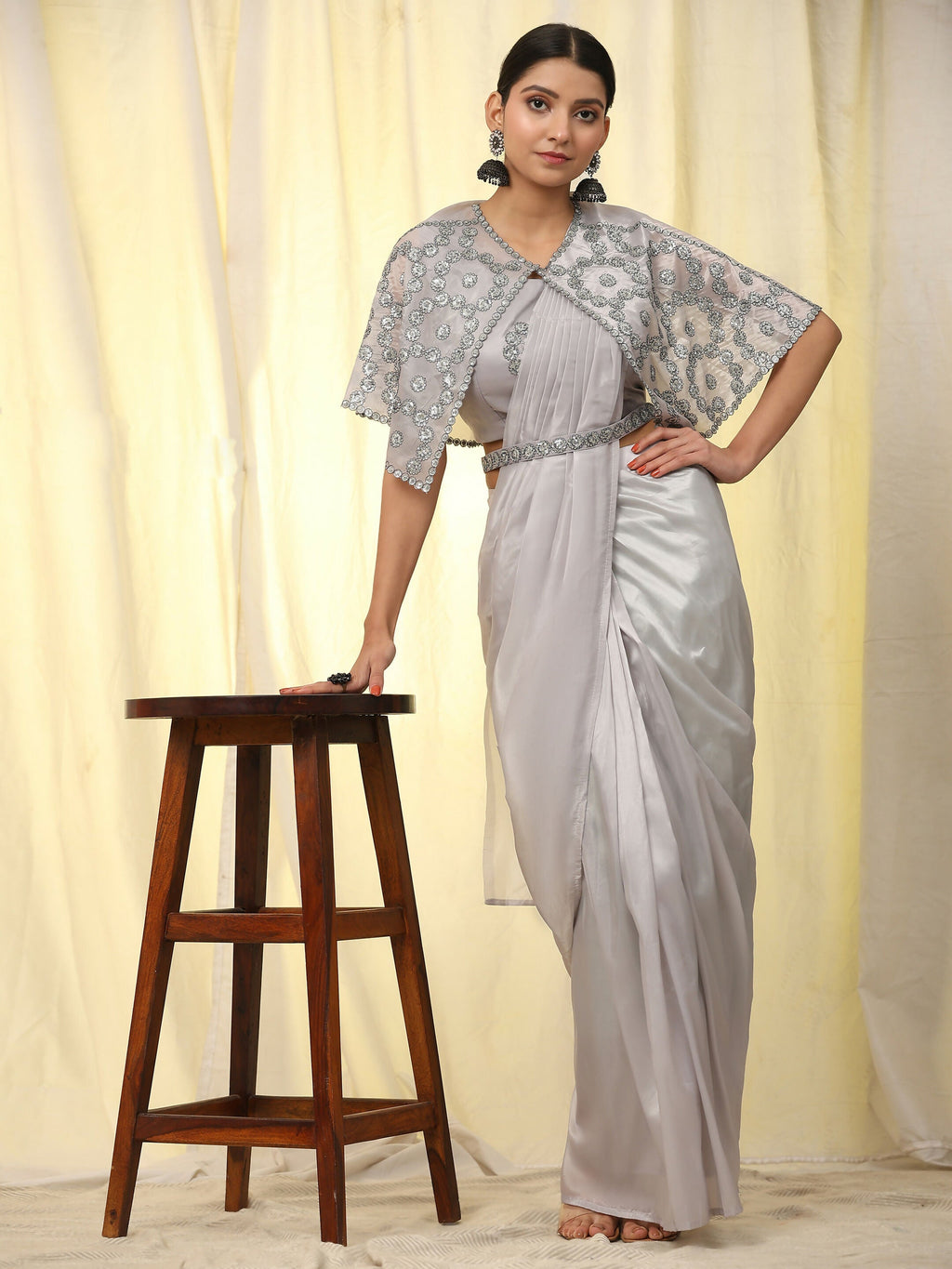 Grey Satin Solid Ready to wear Saree with stitched Blouse - Vanita