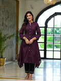 Juniper Women's Plum Thread Embroidered Cotton Asymmetrical Kurta With Button Closure