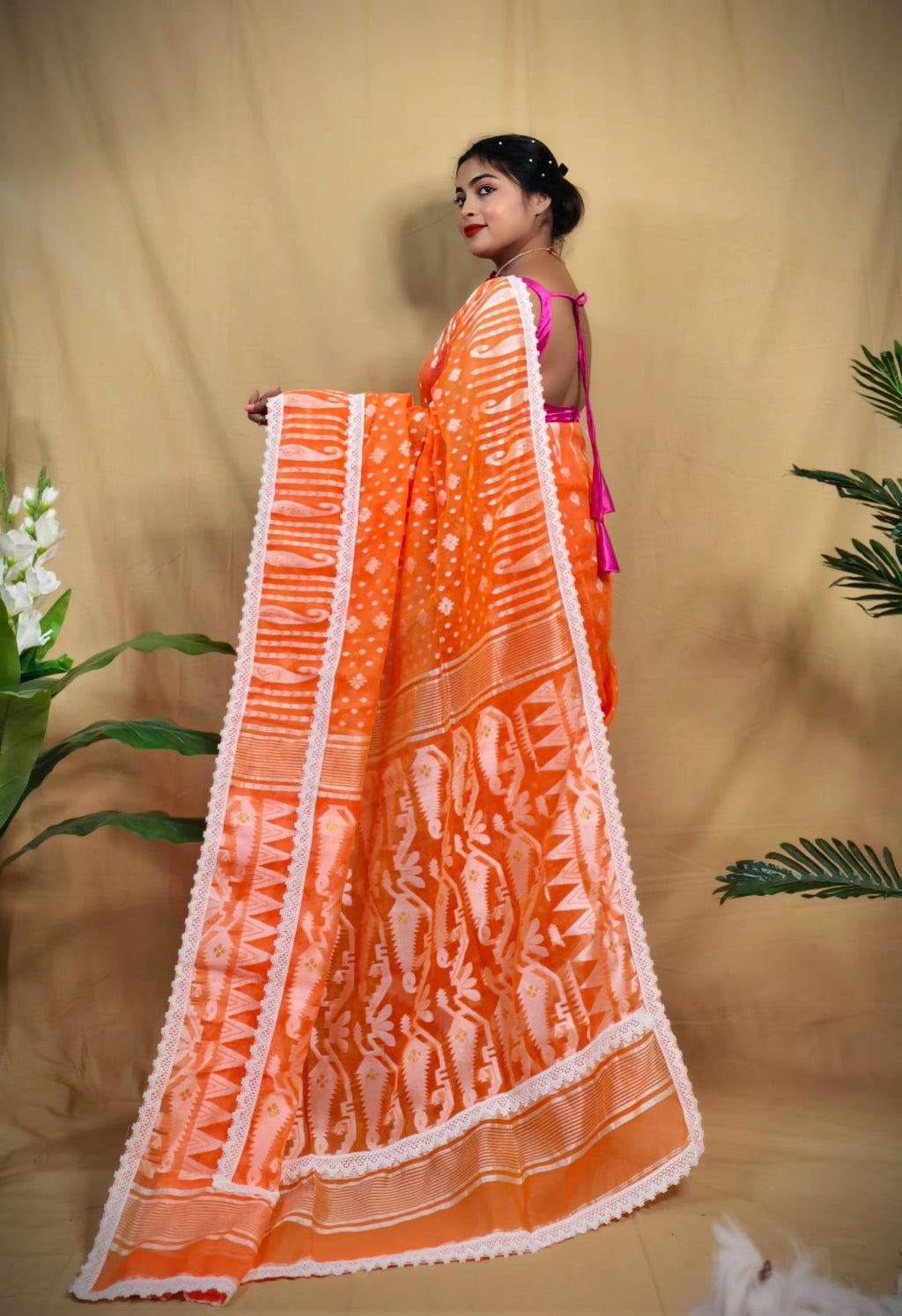 Exclusive Collection Beautiful Orange Jaal Jamdani Saree