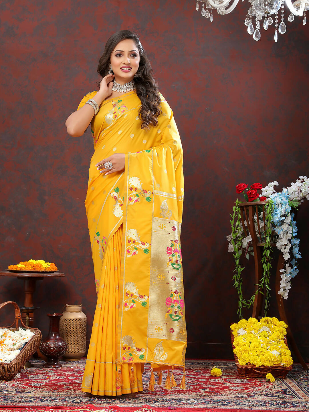 Lorenvalley Fashion Gold Soft Paithani Silk Woven Design Gold Zari Meenakari Weaving Saree