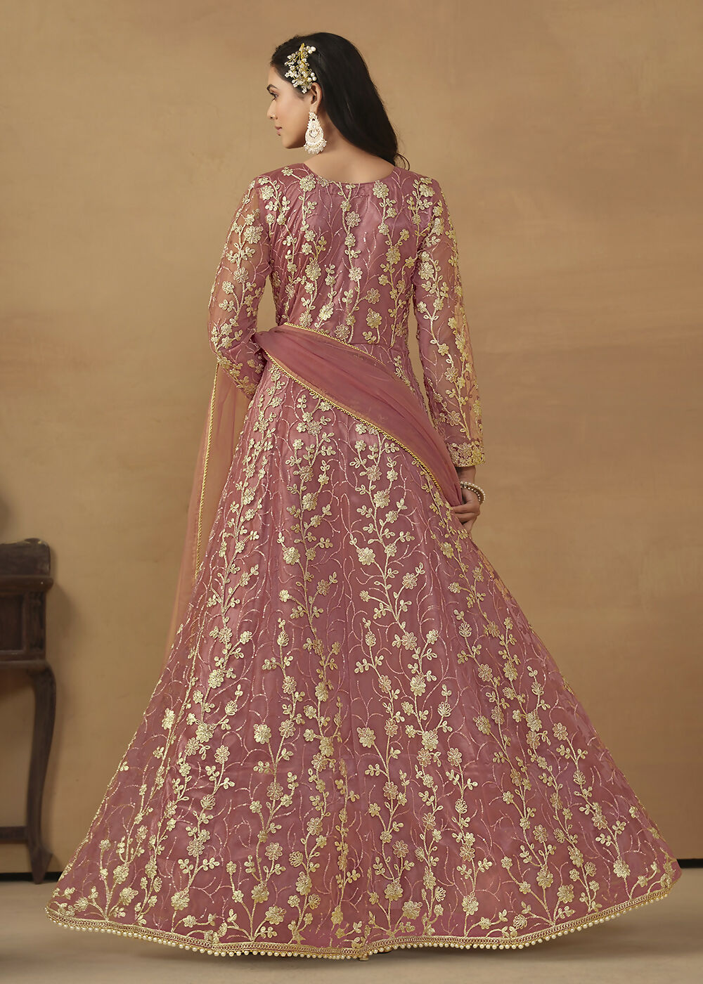 Pant Style Coral Pink Embroidered Net Wedding Anarkali Suit - Emponline