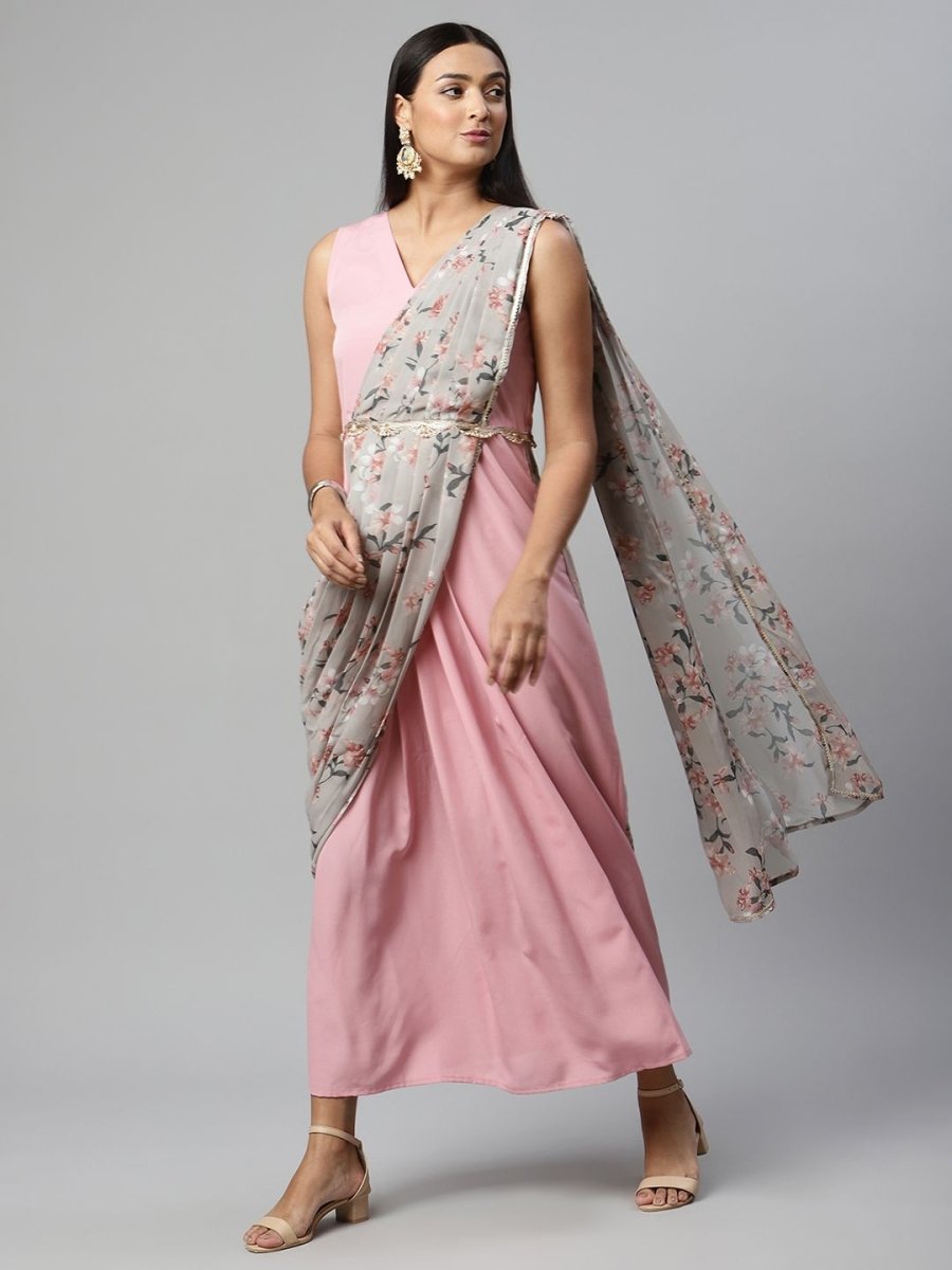 Ahalyaa Women Baby Pink Crepe Georgette Saree Dress With Printed Pallu