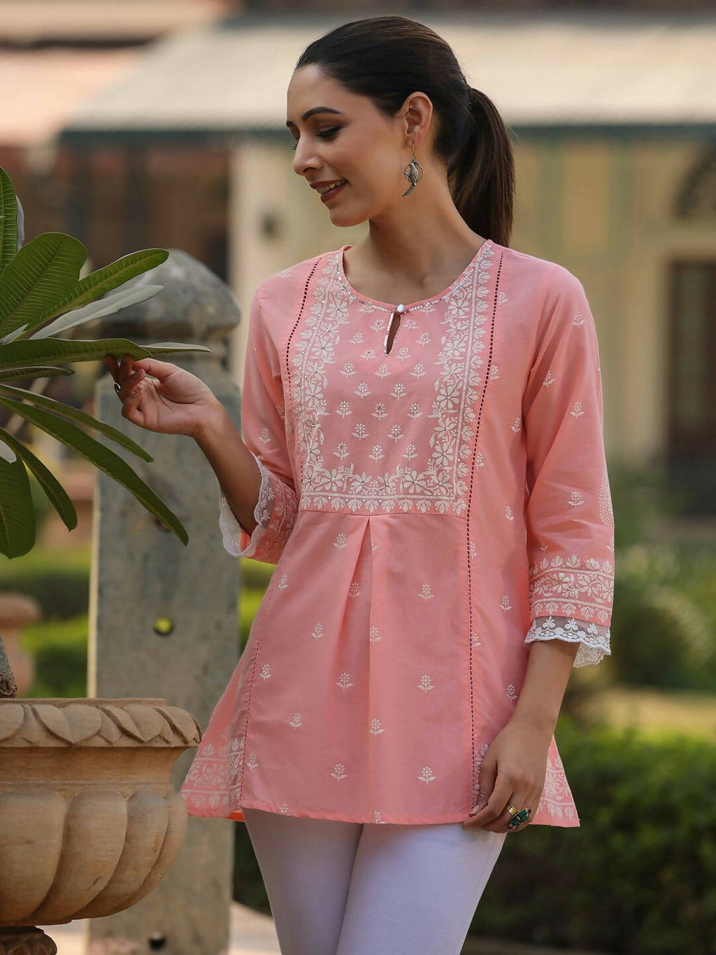 Juniper Women's Peach Cambric Floral Printed Tunic