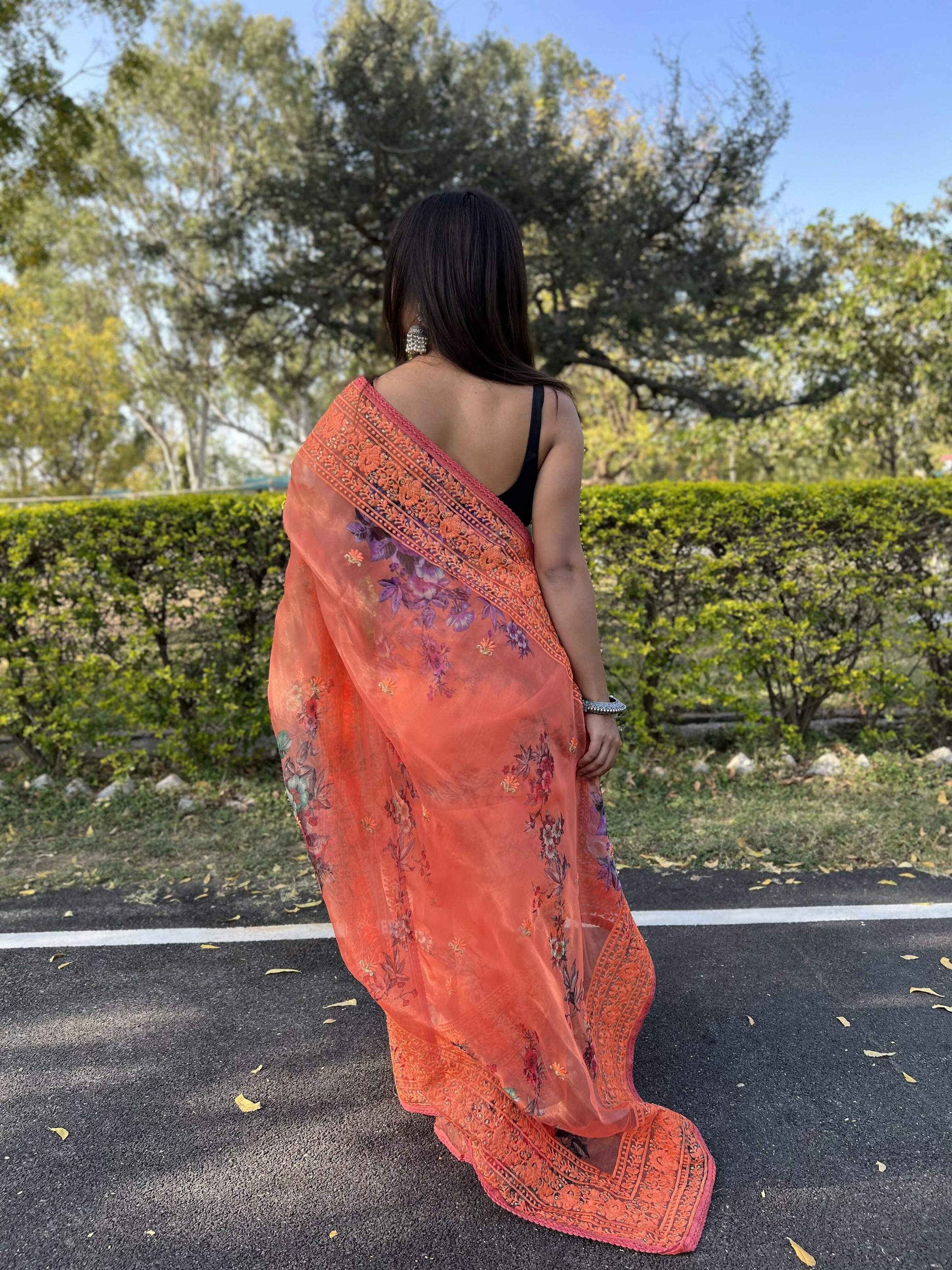 Vamsee Vidhi 1 Orange Organza Saree