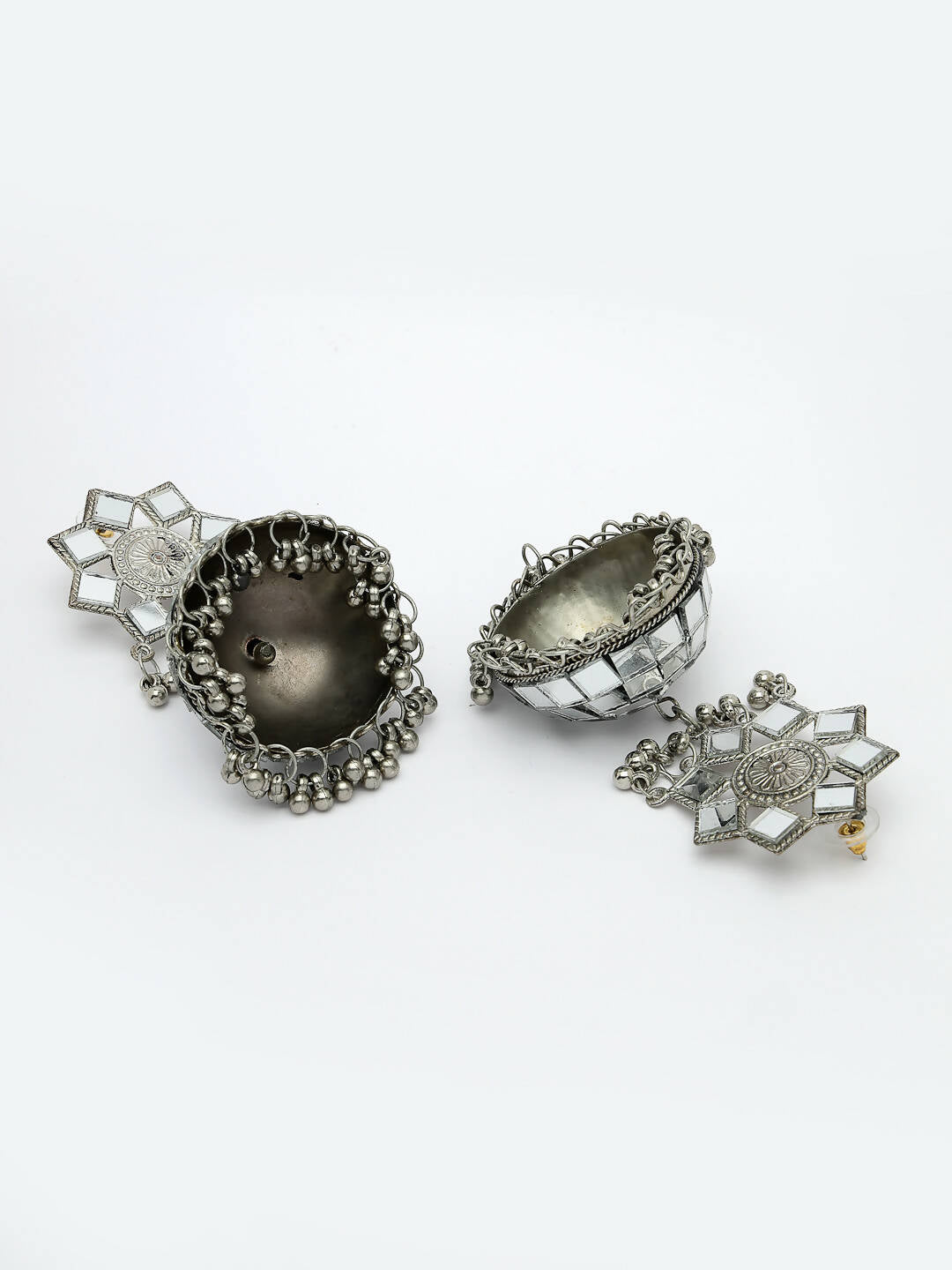 NVR Women Silver Mirror Oxidised Brass-Plated Jhumka Earrings