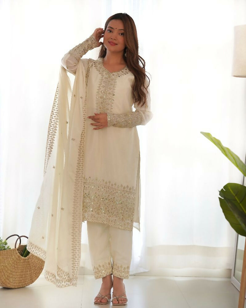 Joban Fashion White Kurta Set Silk Sequence Embroidery Work
