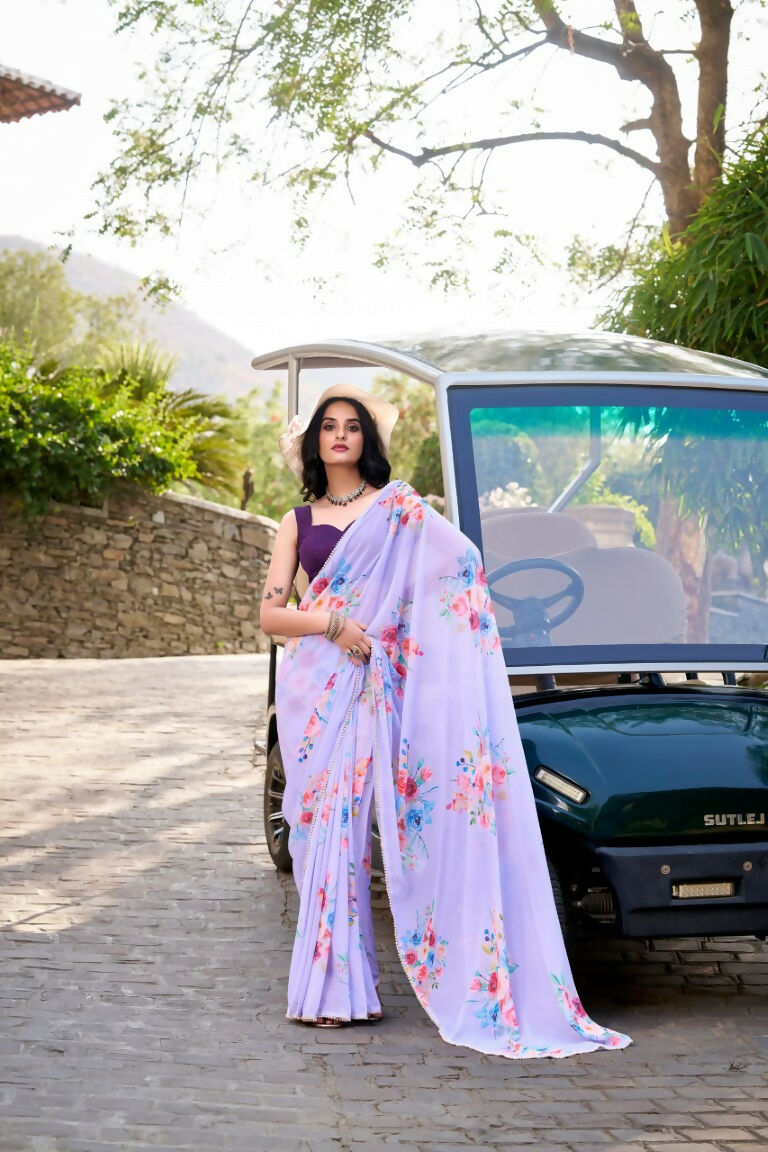 Vastranavya Lavender Weightless Marble Printed & Pearl Lace Border Saree with Unstitched Blouse