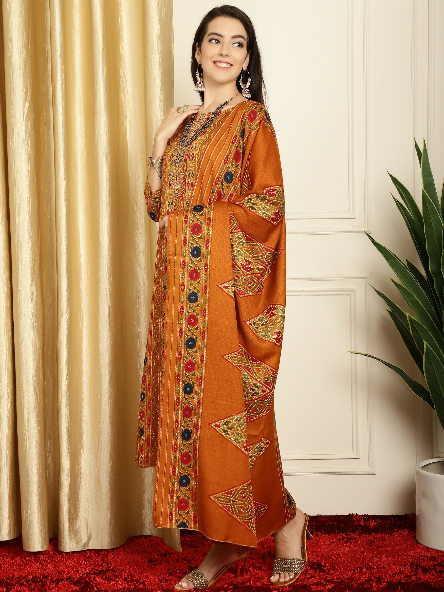 Jyoti Fashion Women's Mustard Pashmina Floral Digital Printed Kurta with Trouser & Dupatta