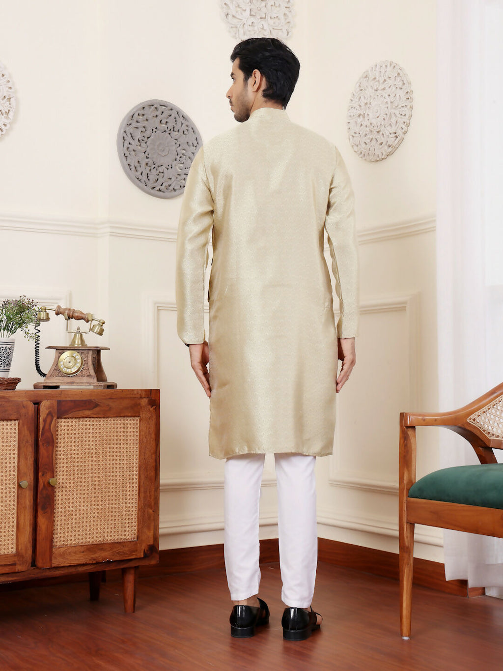 Beige Viscose Woven Jacquard Work Men's Rajwadi Kurta Set - Mahotsav
