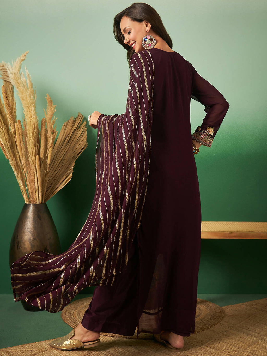 Wine Georgette Handwork Unstitched Dress Material - Hanika