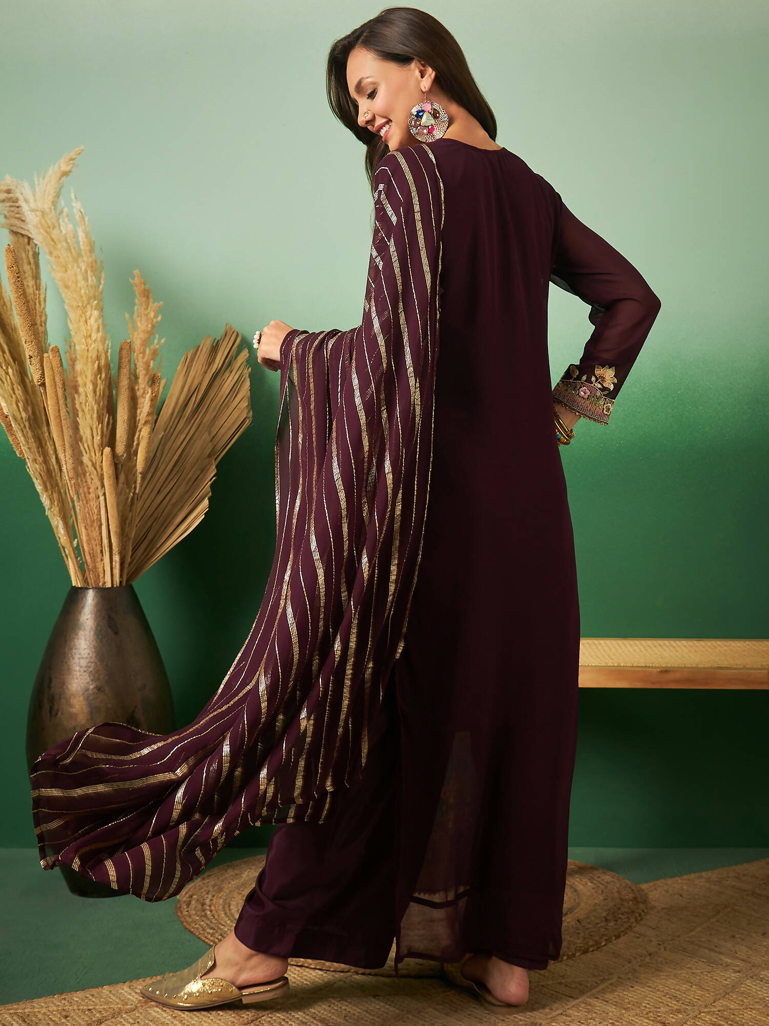 Wine Georgette Handwork Unstitched Dress Material - Hanika