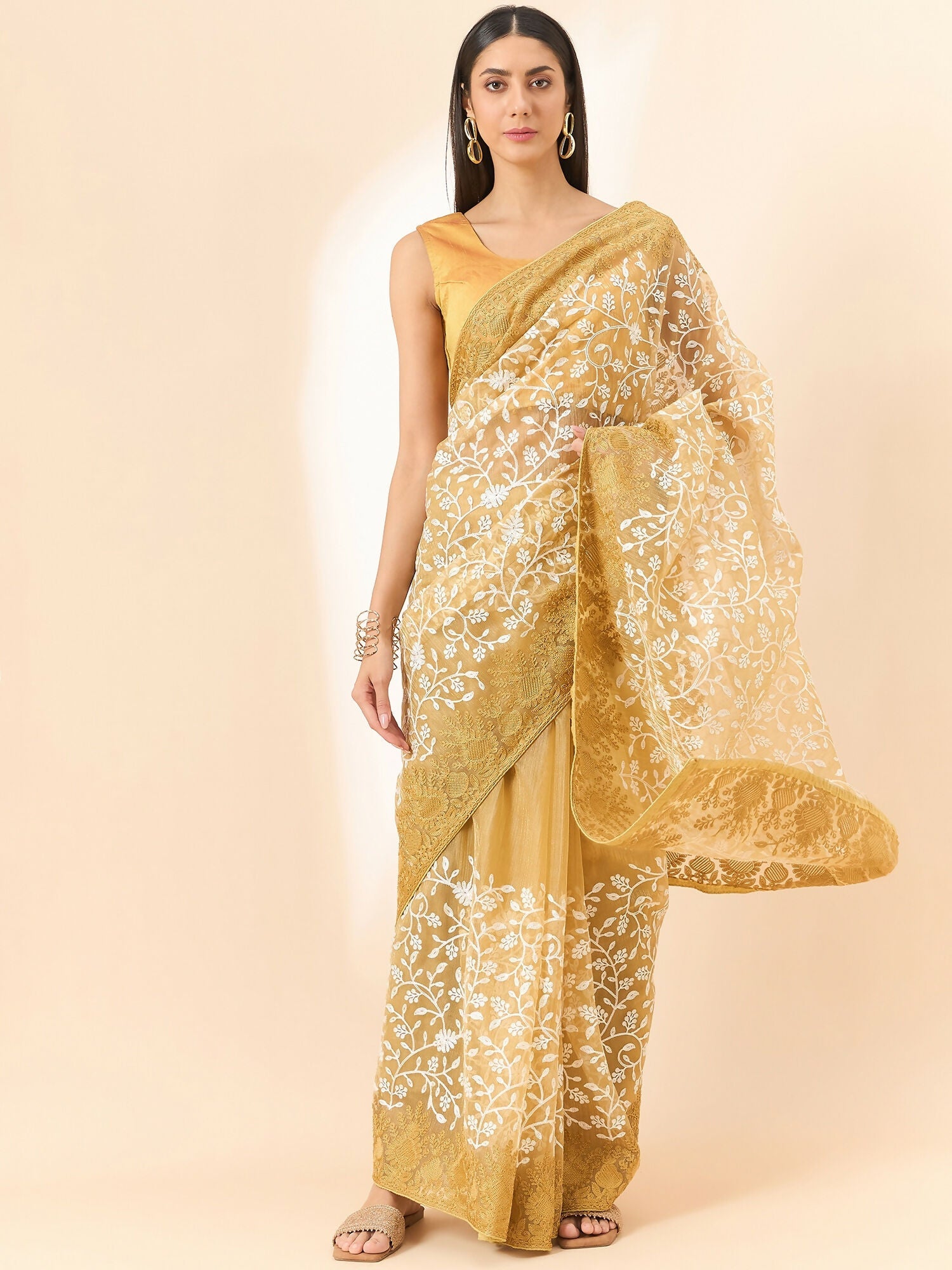 Beige Organza Floral Embroidered Saree with Unstitched Blouse Piece - Roozal