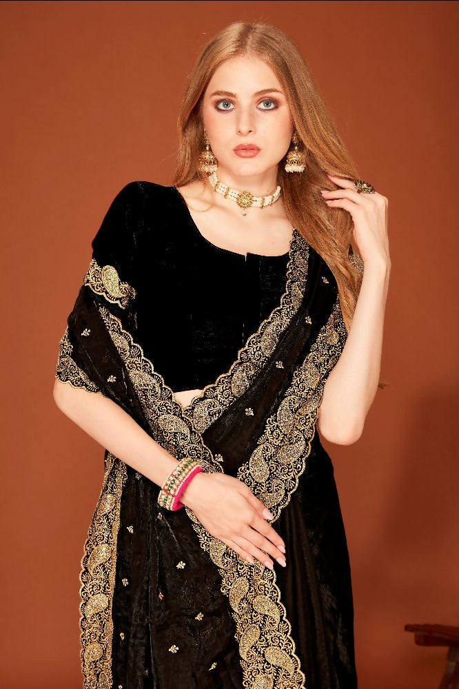 PR Fashion Black Fendi Two Tone Silk Heavy Zari Embroidery Work With Heavy Siroski Work Saree
