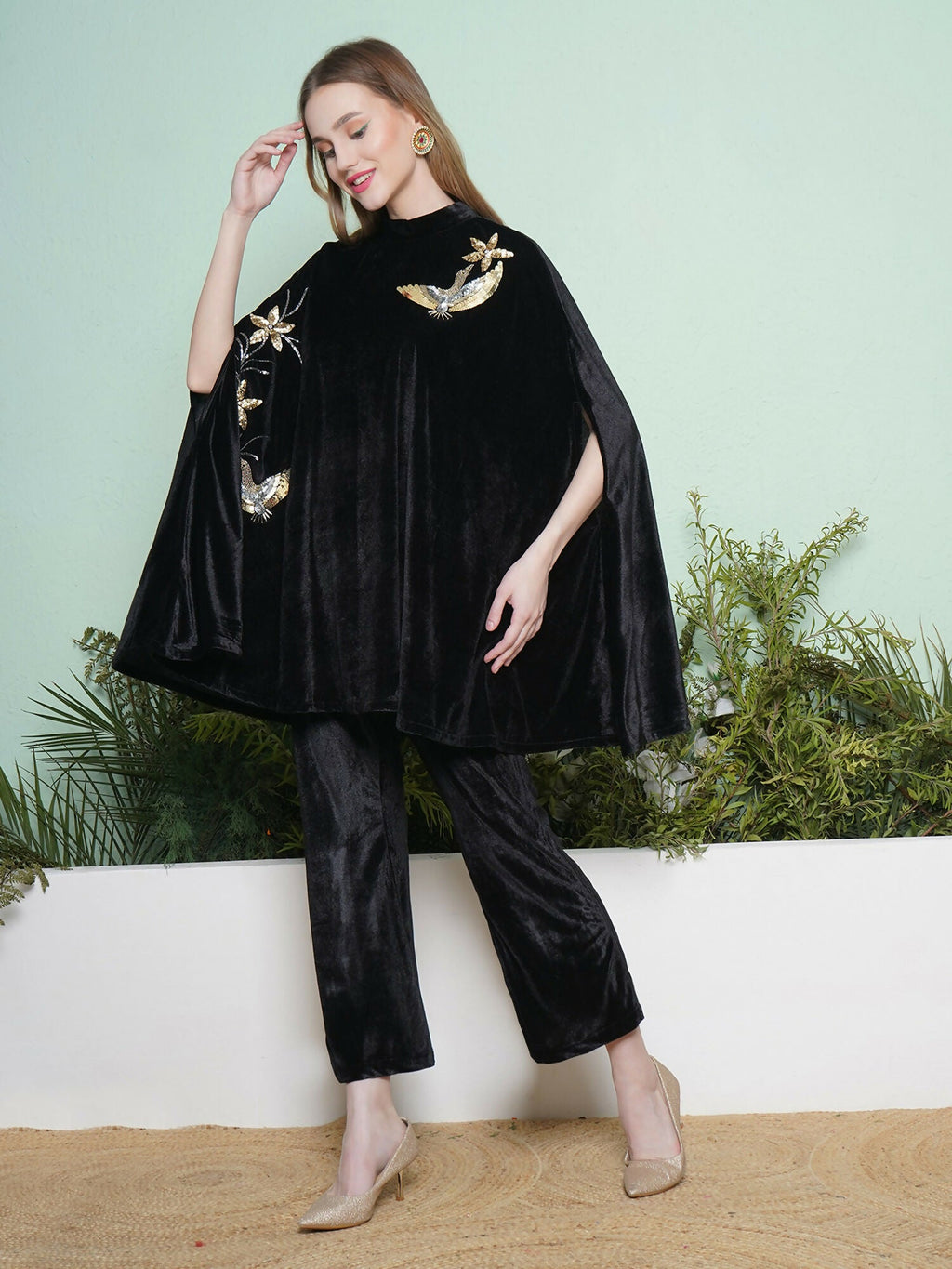 Joban Fashion Black Hand Embellished Cape Style Kurta with Bellbottom Pants