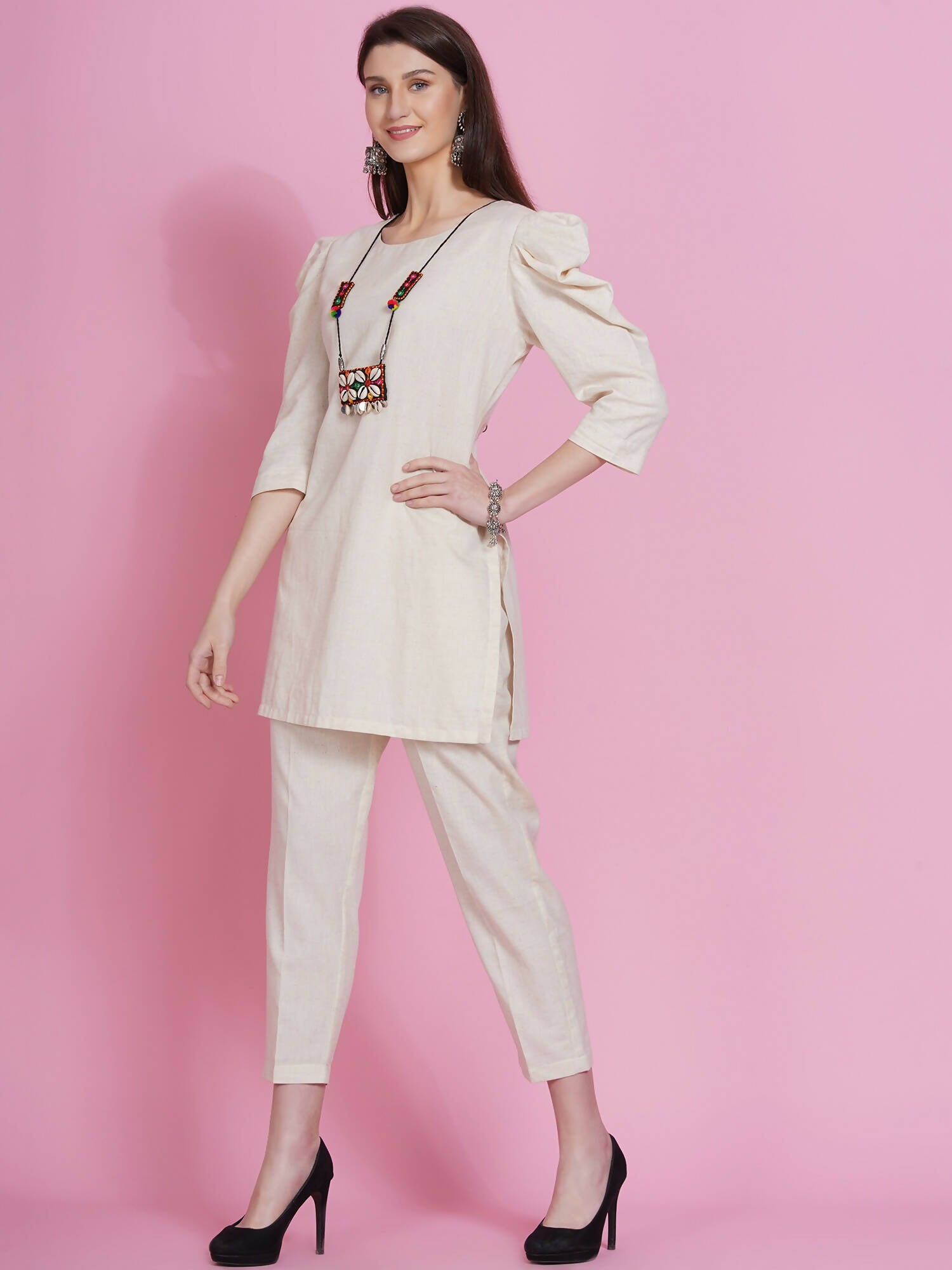 Women Republic Off White Cotton Flex Kurta With Attached Necklace And Pants