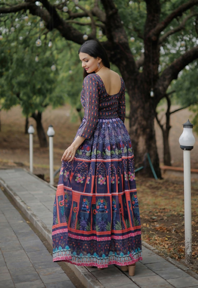 Jyoti Fashion Women's Purple Heavy Digital Printed Pure Chanderi Anarkali Dress