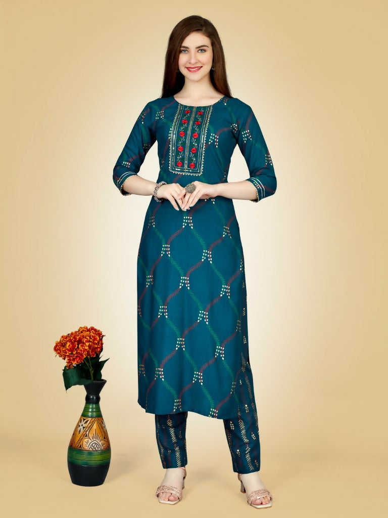Jyoti Fashion Women's Teal Viscose Rayon Embroidered Kurta Pant Set